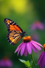Fototapeta premium Monarch butterfly nectaring on vibrant purple coneflower, wildlife, coneflower