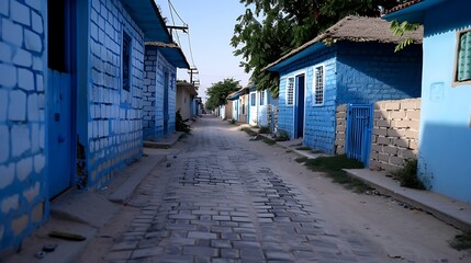 Vibrant blue homes line a cobblestone street in a charming, sun-drenched village scene