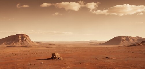 Desert landscape with rocky formations under clear blue sky. Large flat rock, smooth surface, sits near smaller irregular rock, rugged texture, in valley surrounded by desert hills and shrubs.