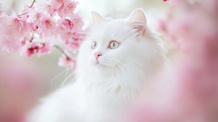 White Persian cat with flowers in its fur, posing against a pure background, generative ai