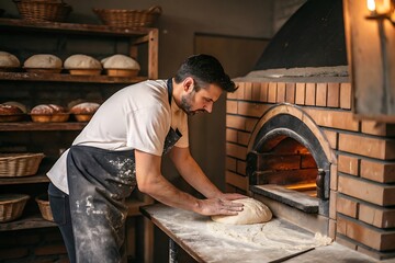 Baker preparing bread dough for baking in traditional brick oven at bakery shop artisan bread making on transparent background