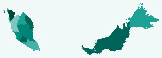 Map of Malaysia with regions. Just a simple country border map with region division. Teal color palette. Plain Malaysia shape with administrative division. Vector illustration.