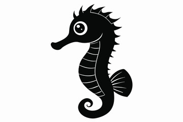 Cartoon Seahorse Silhouette with Spikes and Fin Isolated on White Background