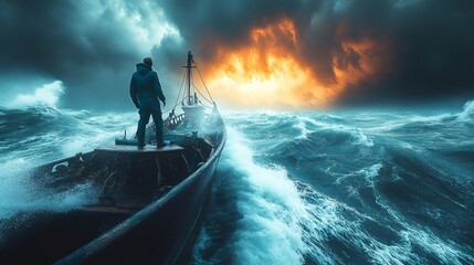 Fisherman navigating stormy seas under dramatic sky