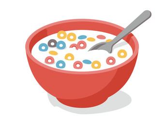 Colorful Cereal in Red Bowl with Milk and Spoon.