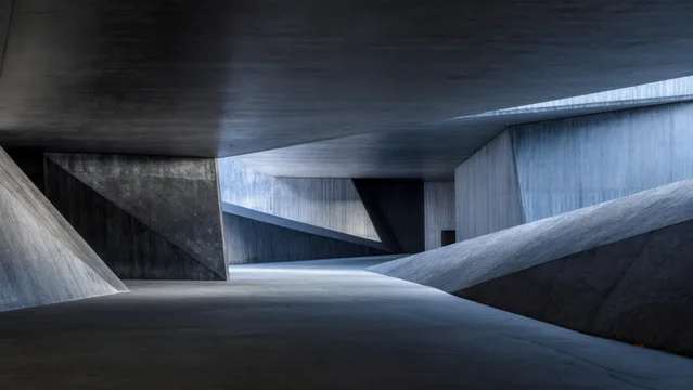 Moody Concrete Space with Geometric Brutalist Design