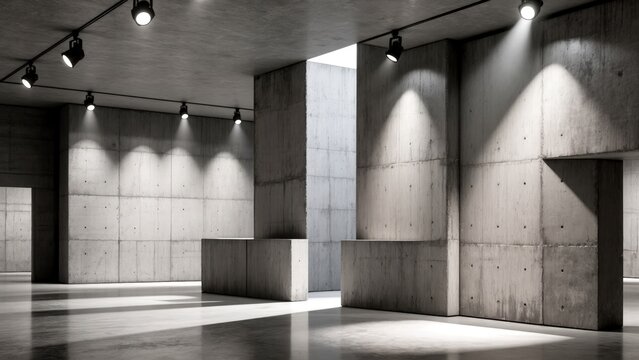 Minimal exhibition space with angular concrete blocks
