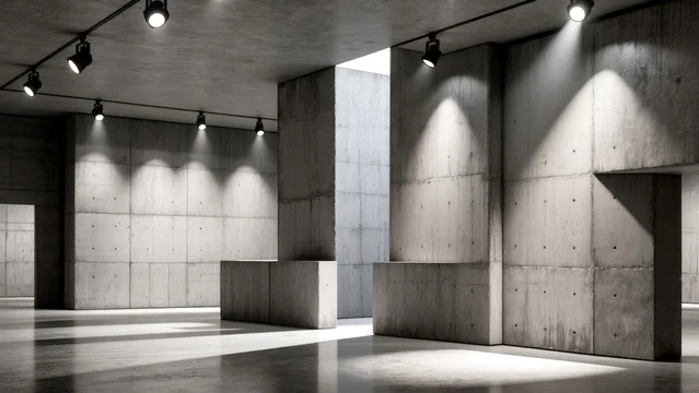 Minimal exhibition space with angular concrete blocks