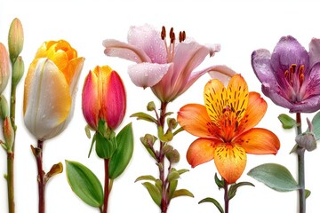 Naklejka premium Different colorful flowers like roses, lily, peony, iris and alstroemeria on a bright white background
