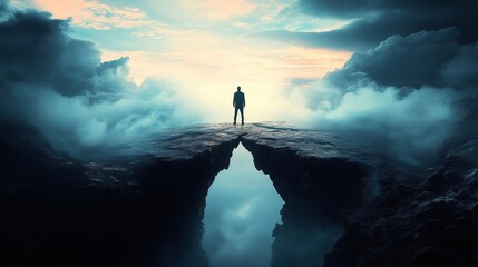 Businessman standing on a cliff edge above the clouds at sunset