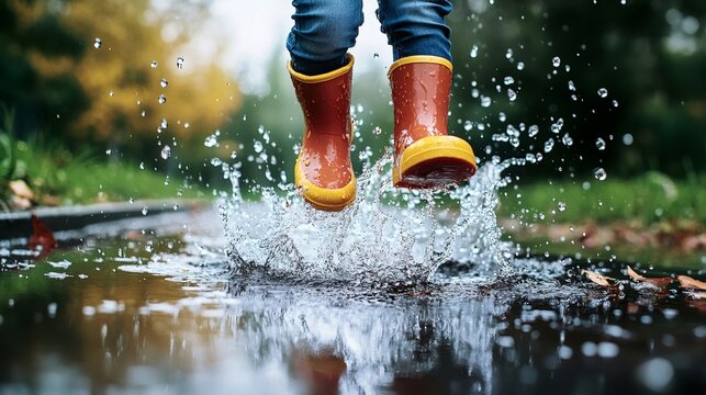 Child with rain boots jumping in puddle splashing water