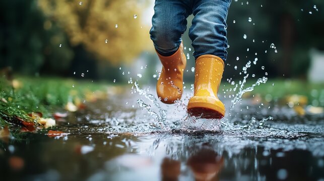 Child running and splashing in puddle with yellow boots