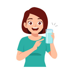 Happy Girl Pointing at Glass of Water, Healthy Lifestyle and Hydration Concept Illustration