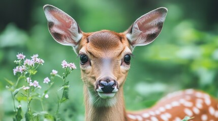 Young deer with tiny flowers behind its ears, clean aesthetic, cruelty-free beauty product awareness generative ai