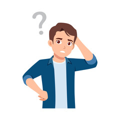 Young man in blue shirt scratching head and looking up with question mark above head