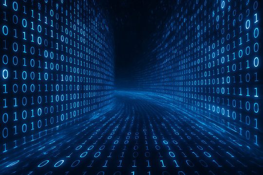 Digital binary code tunnel with glowing blue ones and zeros representing data stream, technology and cyberspace background