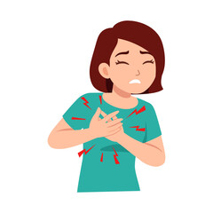 Young Asian Woman Experiencing Chest Pain, Clutching Her Chest with a Worried Expression