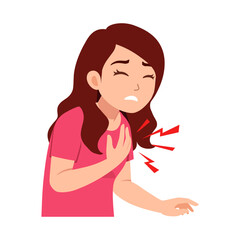 Young Woman with Chest Pain Experiencing Heart Attack with Red Pain Symbols in Illustration