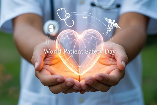 Hands cradle glowing heart with medical symbols celebrating patient safety awareness and healthcare innovation