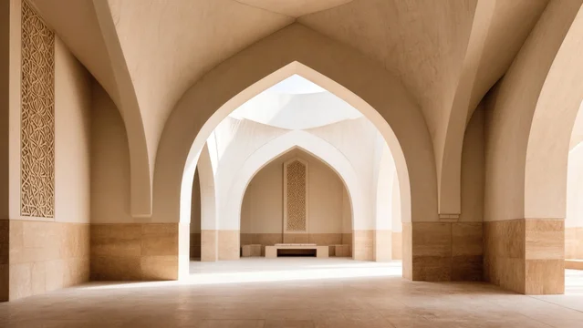 Tranquil mosque space with plaster walls and gentle lighting