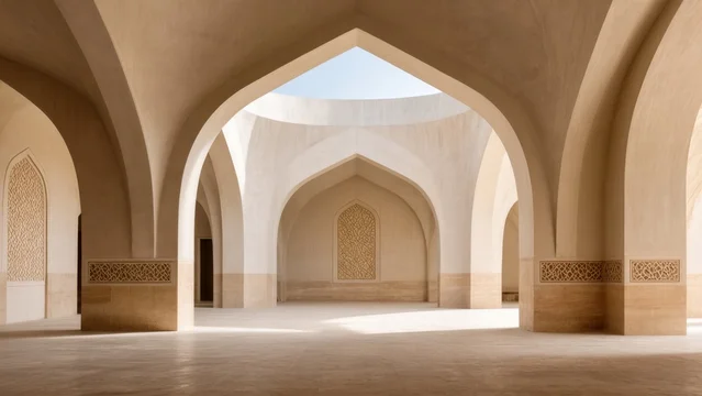 Elegant Islamic prayer hall with natural textures and light