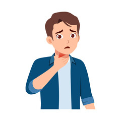 Young man feels pain in his throat, touching his neck with a worried expression illustration