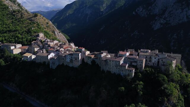 Drone shot of Castrovalva, a village in the municipality of Anversa degli Abruzzi, in Abruzzo