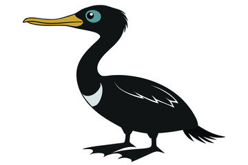 Cartoon black cormorant bird stands gracefully, showcasing yellow beak and blue eyes