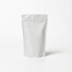 White plastic packaging sachet mockup isolated on white background. Empty pouch packaging design for food products, cosmetics, snacks. Blank container for packaging liquids, powders, solid products.