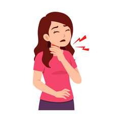 Young Woman with Sore Throat Touching Her Neck in Pain Cartoon Illustration Style