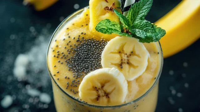 A refreshing healthy drink with bananas, ginger, pepper and mint on top.