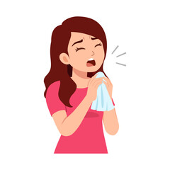 Sick woman with brown hair coughing into a tissue, feeling unwell with open mouth illustration