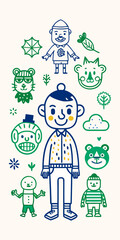 Fototapeta premium Illustration of a boy with animal characters and nature elements vector art design cute and whimsical style vector illustration