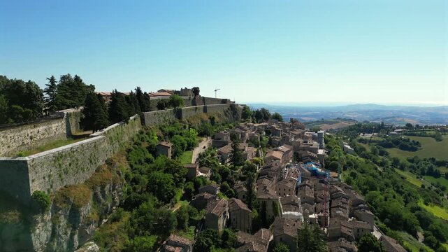 Aerial view of Civitella del Tronto, a village, under the sky, in the province of Teramo in Abruzzo