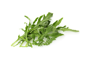 Fresh ripe green arugula leaves isolated on white, above view