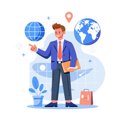 Corporate Man Discussing Global Business Strategy with World Map for International Marketing, Leadership, and Global Expansion Vector Illustration