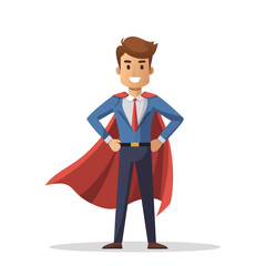 Confident Corporate Man Wearing Superhero Cape Symbolizing Leadership, Power, Ambition, and Success in Modern Business Concept Vector Illustration