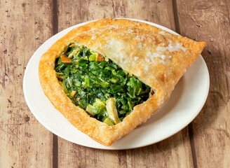 Golden Fried Chive Box with Savory Filling on a White Plate side view of taiwan food