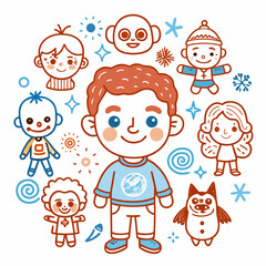 Cute cartoon characters winter season children snowflakes stars happy faces illustration drawing art vector design vector illustration