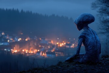 Obraz premium Alien Observes a Village Engulfed in Flames During a Mysterious Night