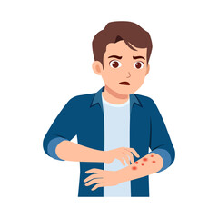Asian man looking worried scratching his arm with red rash from allergies or other skin condition