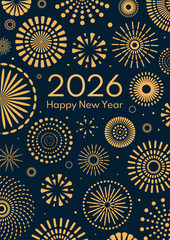 Golden fireworks 2026 Happy New Year, bright on dark background, with text. Flat style vector illustration. Abstract geometric design. Concept for holiday greeting card, poster, banner, flyer