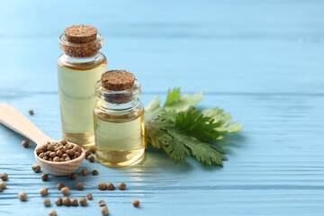 Aromatic oil in bottles, cilantro leaves and spoon of coriander seeds on light blue wooden table, closeup