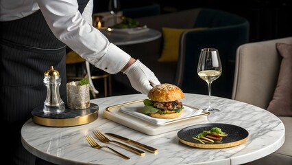 Elegant Shot of a Gourmet Burger Being Served, Luxury Dining Experience with a High-End Burger, Waiter in White Gloves Serving a Burger and Wine, Fine Dining Burger at an Upscale Restaurant