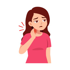 Sad Caucasian Woman with Sore Throat Touching Neck in Cartoon Illustration Style
