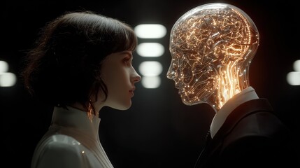 A humanoid robot AI agent sharing valuable knowledge and insights with a human in a holographic format showcasing advanced technology and interactive learning