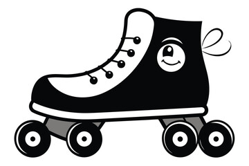 Cartoon Roller Skate with Smiley Face in Black and White on White Background