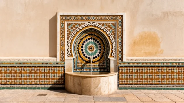 Warm-toned Moroccan architecture with intricate tile patterns
