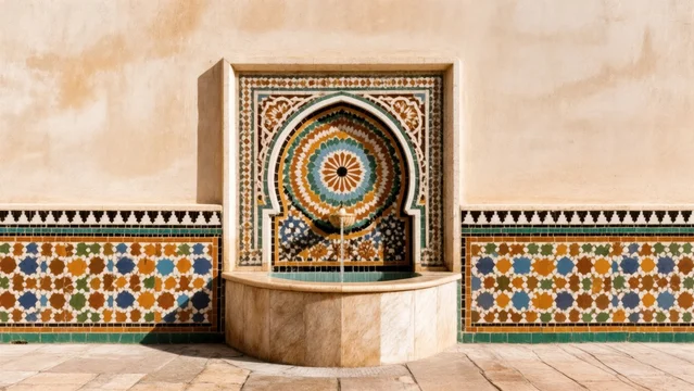 Detailed mosaic background of a traditional Moroccan fountain
