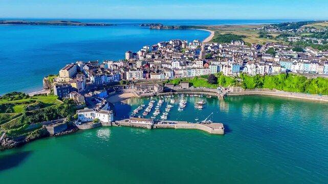 A receding aerial view of the harbour in the early morning in Tenby, South Wales in summertime